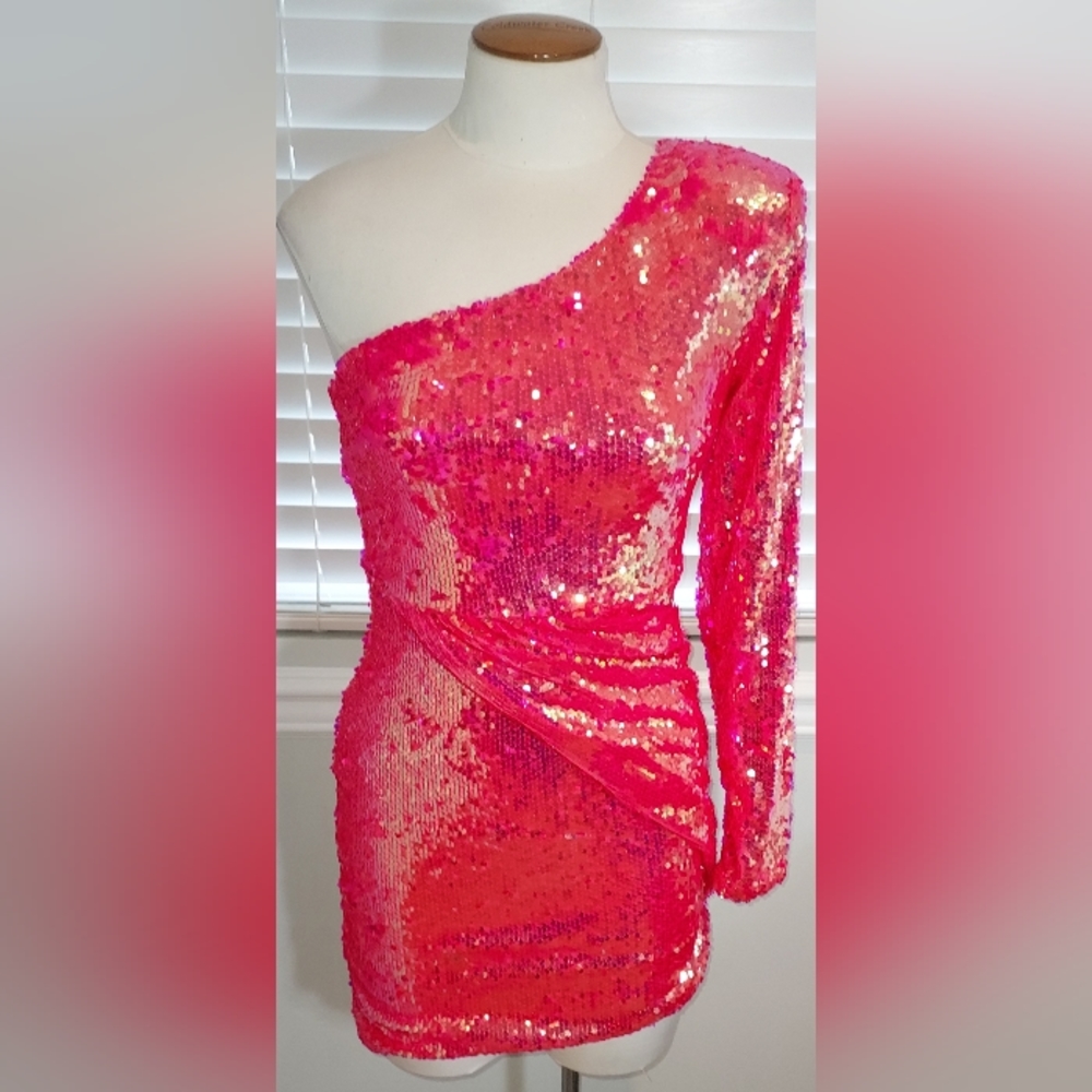 AKIRA Hot Pink One-Shoulder Sequin Mini Dress